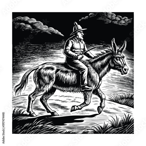 Man on donkey rustic countryside vintage engraving vector illustration.
