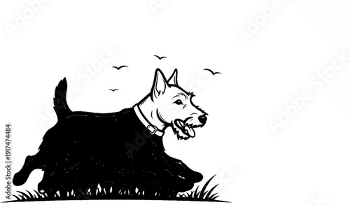 Black and white drawing of a Scottish terrier running in grass with three birds flying