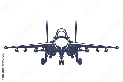 Front-facing silhouette modern aircraft SU 30. Black and white jet vector illustration in minimalist monochrome style. Russia modern combat aircraft.