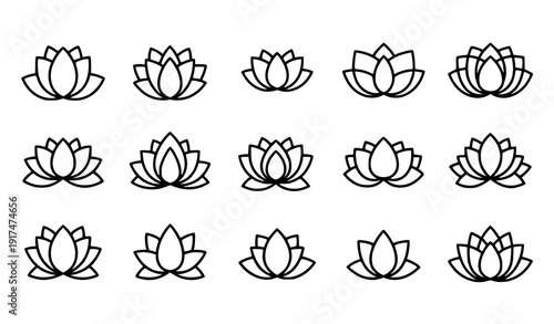 Minimal lotus flower silhouette icons isolated on white