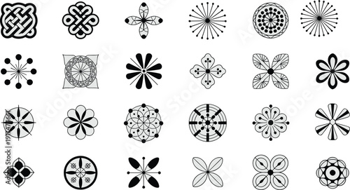 Geometric pattern illustration set, symmetrical design artwork, mandala vector collection, floral motif graphic pack, abstract symbol arrangement, black and white sketch