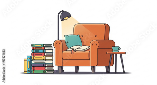 Cozy reading nook with orange armchair stack of books and floor lamp on white background