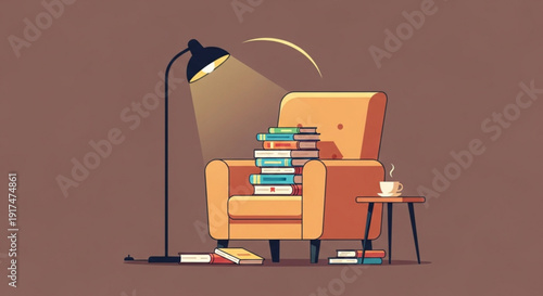 Cozy reading nook with books lamp and cup of coffee on a side table