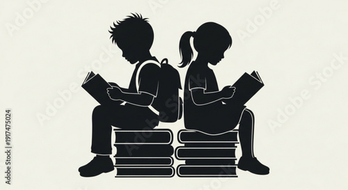 Silhouettes of a boy and girl reading books on stacked books