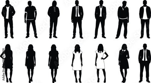 Vector illustration of business people silhouettes including a standing and walking man in suit isolated on white background