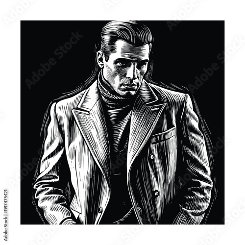 Man in a stylish double-breasted coat and turtleneck.