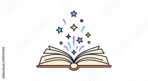 Open book with magical stars and sparkles emerging symbolizing knowledge and inspiration in education and learning