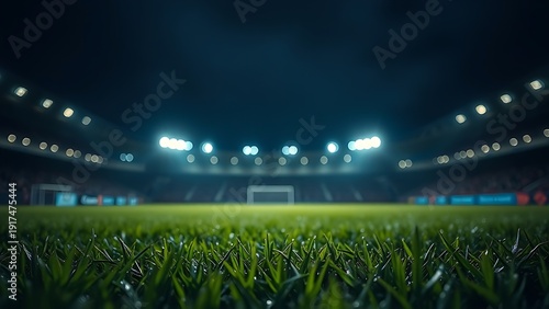 midfield. Nighttime football field with dew reflecting stadium lights. event key visuals, club posters, designed for fitness apps and gym onboarding, used by fitness trainers, supports training.