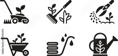 Gardening icons, silhouette tools, lawn mower, rake, pruning shears, wheelbarrow, garden hose, watering can, horticulture vector, landscaping clipart, plant care design