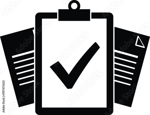 A pure black silhouette featuring a clipboard with a large checkmark at the top, and two smaller documents (possibly contracts or reports) peeking out from behind it.
