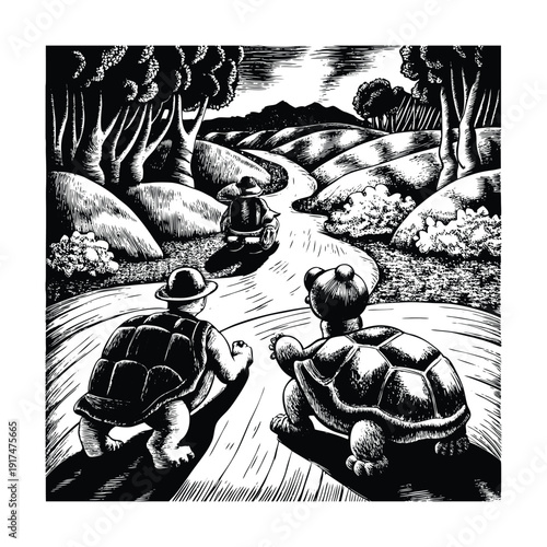 Turtle friends journey whimsical adventure vintage storybook vector illustration.