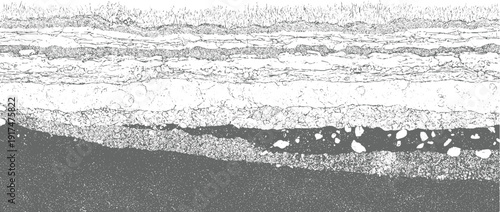 Detailed cross section of soil layers and geological strata with varied textures and rock fragments earth