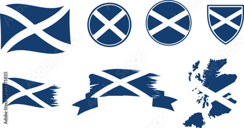 Set of scottish flag icons, badges, banner, and map outline in vector style flag