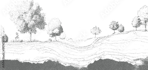 Grayscale of rolling hills with scattered trees and textured ground