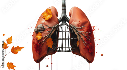 Lungs with Autumn Leaves and a Cage Metaphor for Respiratory Disease
