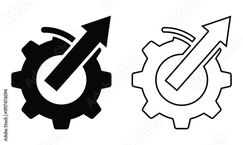 Gear icons with arrows indicating progress and growth