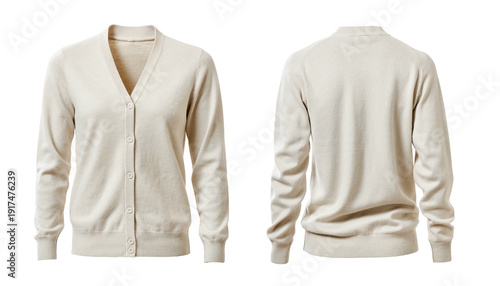 Front and back view of a beige button-up cardigan on a black background