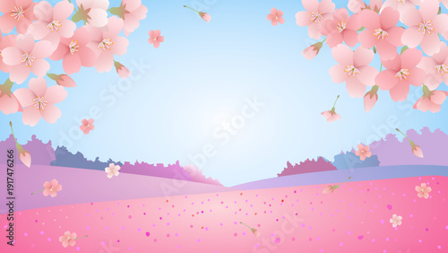 Spring landscape illustration with blue skies and cherry blossom petals dancing