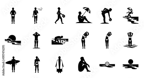 Minimalist black silhouette icon collection featuring twelve different human moments at the seaside. The icons express relaxation, contemplation, and gentle movement through abstract poses, avoiding 