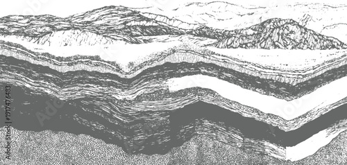 Detailed cross section of geological strata showing layers of rock and sediment in a monochromatic style