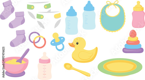 Large collection of colorful baby toys and nursery essentials including stroller, bathtub, building blocks, rattle, feeding bottle, diaper, and bicycle isolated flat vector illustration.