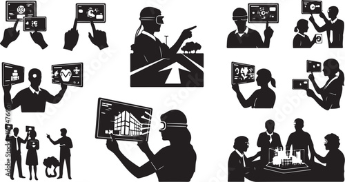 Silhouettes of people interacting with digital devices and technology