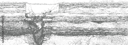 Cross section of layered soil and rock strata with visible grass and trees at the earth ground dirt
