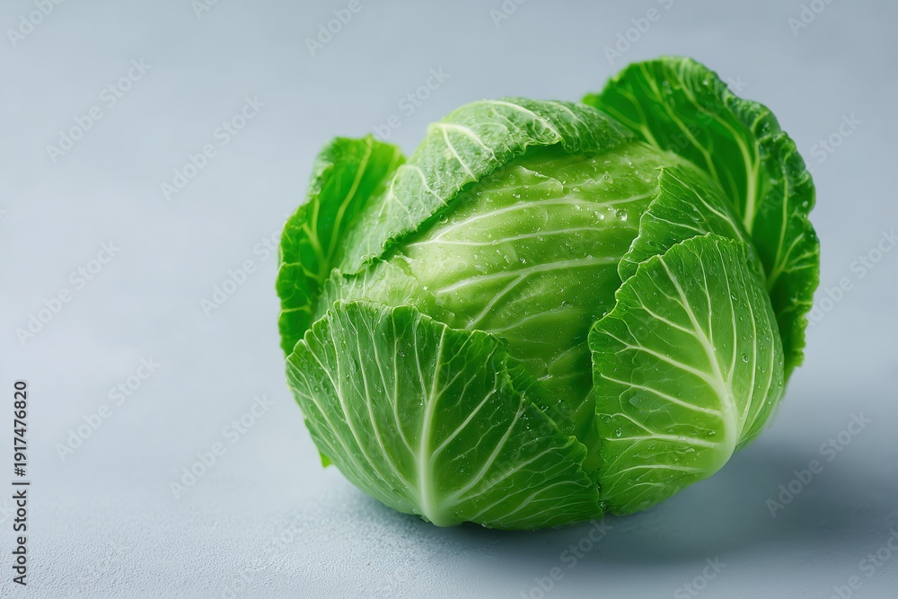 Fototapeta premium Vibrant Cabbage: A fresh, green cabbage, showcasing its textured leaves. A culinary delight and a symbol of natural goodness.