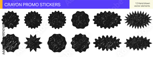 Crayon promo stickers set with rough scribble texture. Hand drawn starburst badge shapes with jagged and wavy edges for sale, discount and price tag design.