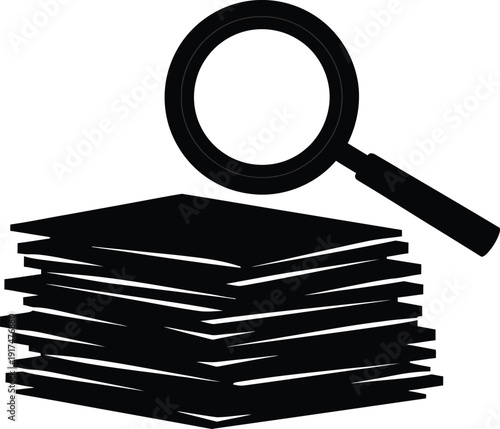 A pure black silhouette of a stack of documents or files, with a magnifying glass hovering prominently over the top document. This signifies research, audit, detailed review, or screening of paperwork