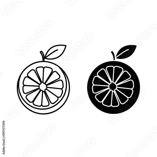 A black and white image of a sliced orange and apple Vector