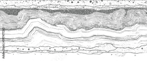 Detailed cross section of folded geological rock strata layers with granular texture and dark circular inclusions