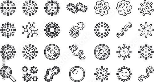 Bacteria and Virus Icon Set for Medical Science Microbiology Symbols of Cells Pathogens Germs and Microorganisms for Laboratory Education Health Safety Infographics and Healthcare Design