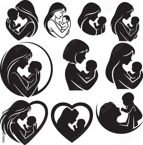 Mother and Baby Heart Silhouette Set – Maternal Love and Bonding Icons Collection