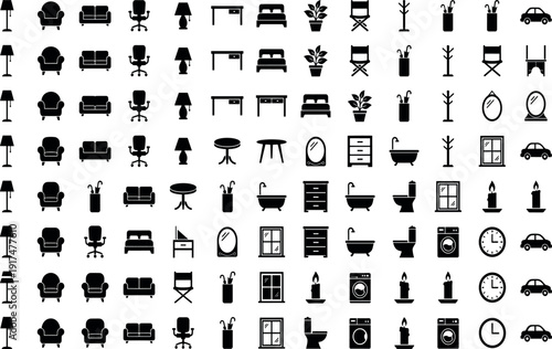 Comprehensive Household Furniture Icon Set Featuring Interior Decor Living Room Seating Bedroom Beds Bathroom Fixtures Kitchen Storage Lighting And Home Lifestyle Elements For Architecture Design
