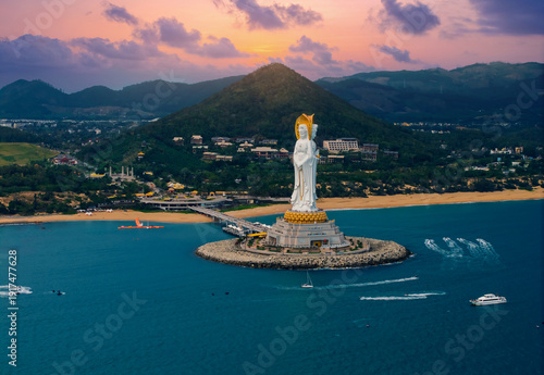 Bild auf Leinwand Aerial view Guanyin statue in buddhism center Nanshan temple in Sanya, Hainan is