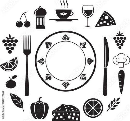Black and white food and drink icons arranged in a circle around a decorative plate vector