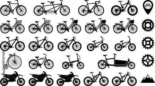 Diverse Silhouette Collection of Mountain Bikes City Bicycles Tandem Cycles Electric Scooters and Motocross Motorcycles for Active Lifestyle Transportation Branding and Outdoor Sports Graphics