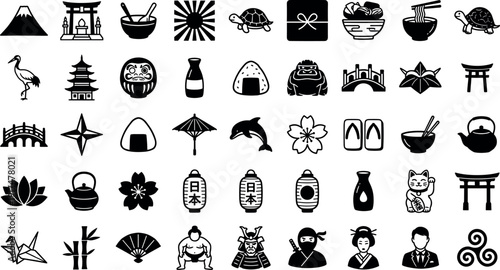 Japanese Culture Icon Set Featuring Traditional Symbols of Sumo Ninja Geisha Torii Gate Mt Fuji and Sushi for Travel Branding Asian Heritage and Tourism Design