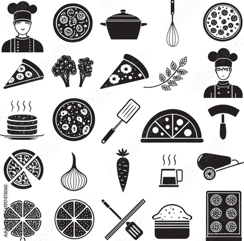Black and white icons of chefs pizza ingredients and cooking utensils slice of pizza whole pizza