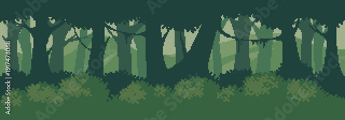 Seamless pixel art background forest with mountains. Parallax scrolling environment for 2D platformer and arcade adventure games.