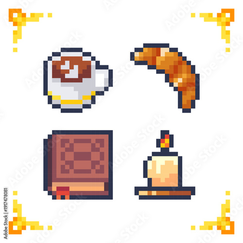 A cute pixel art icon set for a cozy afternoon tea party. 16 x 16 pixels.