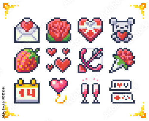 A set of pixel art Valentine's Day icons: heart, rose, gift box, teddy bear, and bow. 8-bit holiday event assets for RPG inventory and UI badges.