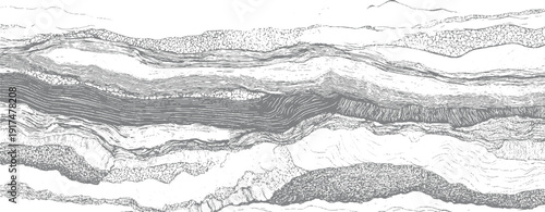 Detailed cross section of geological strata showing rock layers and sediment textures in grayscale geology