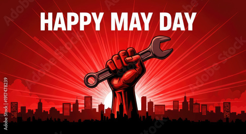 May day celebration with a raised fist holding a wrench