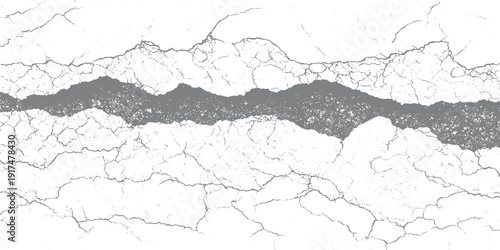 Cracked grey and white textured background with rough horizontal fissure abstract