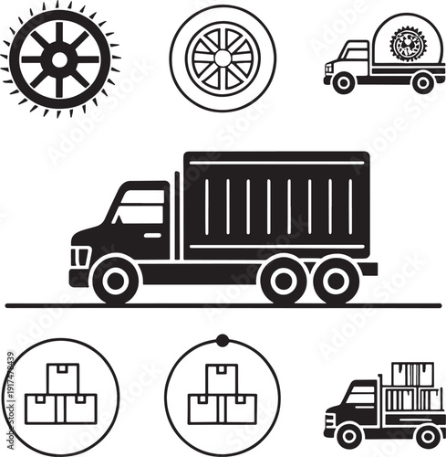 Black and white icons of trucks wheels and stacked boxes for logistics lorry cargo