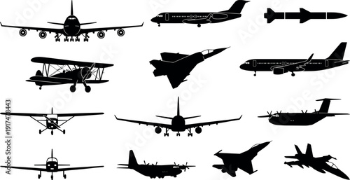 Set of black airplane silhouettes and aviation icons including commercial airliners, military fighter jets, vintage biplanes, cargo planes, and missiles isolated on white background.