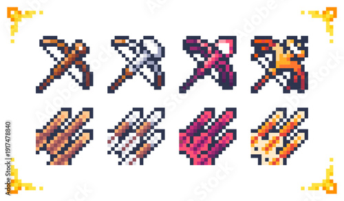 A set of pixel art crossbow and bolt icons featuring four upgrade tiers. Ideal for RPG inventory systems, ranged combat mechanics, and weapon progression assets.