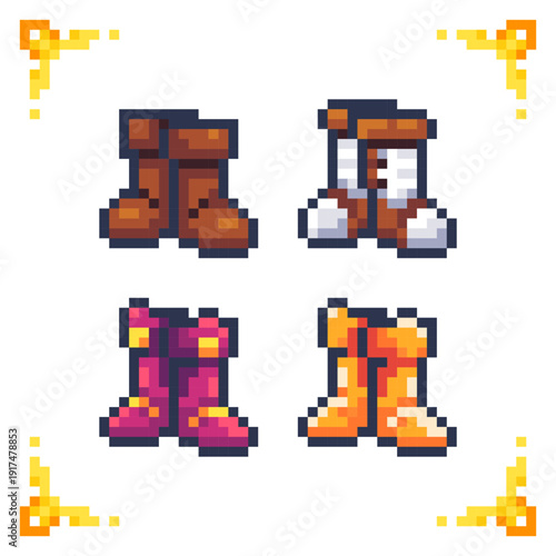 A set of pixel art warrior boots icons with four upgrade tiers. Ideal for RPG inventory systems, armor progression, and equipment UI assets.